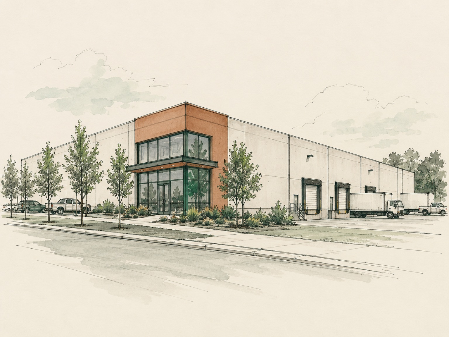 Watercolor sketch of a single-story light-industrial building with a glass corner entry, loading docks, and delivery trucks