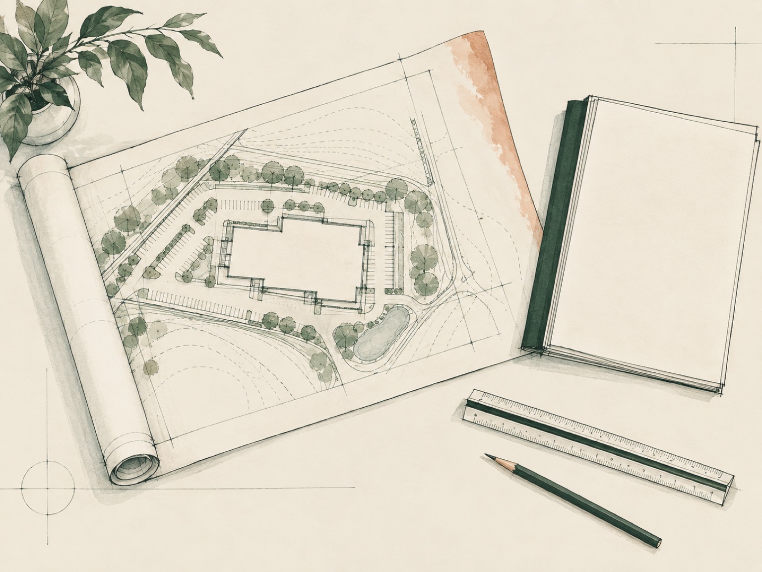 Watercolor sketch of a commercial site plan unrolled on a desk beside a bound report, a scale ruler, and a pencil